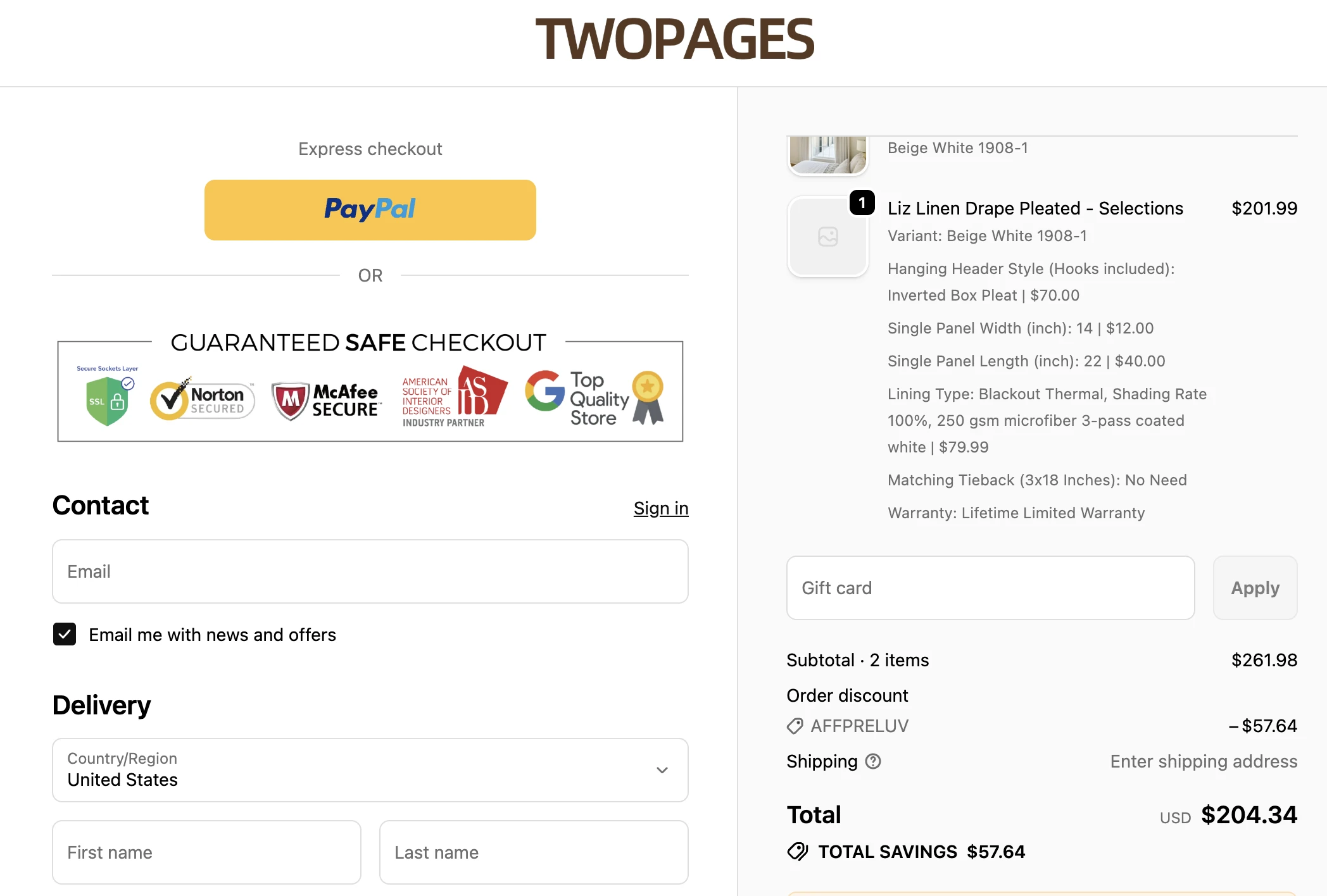 Use Discount Code AFFPRELUV for 25% OFF Sitewide at twopagescurtains.com